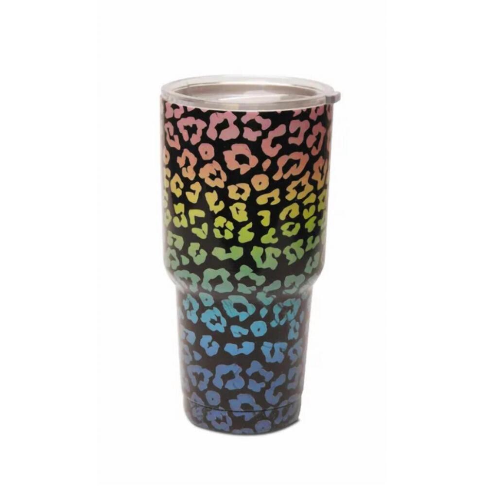 NEW BEAUTY STASH rainbow leopard tumbler in black
